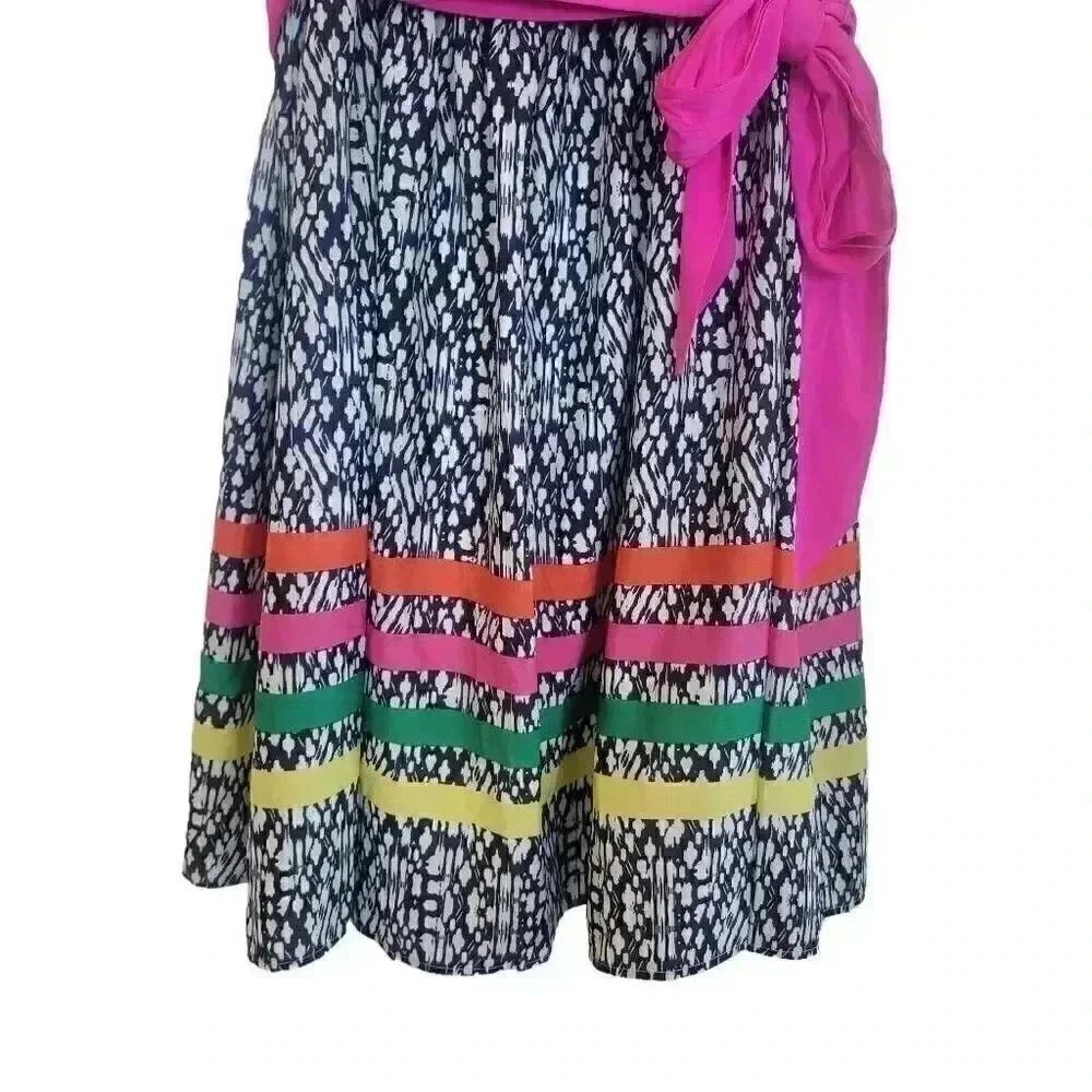 Eliza J Women's Navy & White Poly Print Colorful Striped Ribbons Pink Sash Sleev - Picture 6 of 14